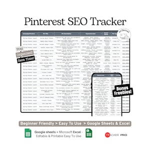 Pinterest SEO and Pin Tracker Google Sheets Template, Pinterest Pin Design, SEO Keywords and Engagement Analytics Log, Excel