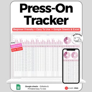 Könnte beinhalten: Eine digitale Press-On Tracker Tabellenvorlage für Google Sheets und Excel. Die Anzeige zeigt Datentabellen, rosa Balkendiagramme und Tortendiagramme auf einem Laptop- und Smartphone-Bildschirm. Text enthält Beginner Friendly und Easy To Use.