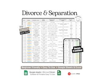 Google Sheets-Vorlage für die Scheidungs- und Trennungsplanung, Excel-Tabelle zur Regelung von Sorgerecht, Finanzen und rechtlichen Angelegenheiten bei gemeinsamer Elternschaft