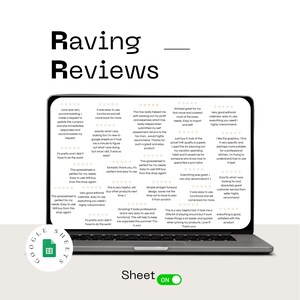 K&ouml;nnte beinhalten: Ein Laptop-Bildschirm zeigt eine Google Sheets-Tabelle mit positiven Kundenbewertungen. Die Bewertungen heben die Benutzerfreundlichkeit, Funktionalit&auml;t und N&uuml;tzlichkeit der Tabelle f&uuml;r die Verwaltung von Finanzen und die Planung hervor.