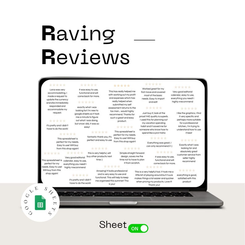 K&ouml;nnte beinhalten: Ein Laptop-Bildschirm zeigt eine Google Sheets-Tabelle mit positiven Kundenbewertungen. Die Bewertungen heben die Benutzerfreundlichkeit, Funktionalit&auml;t und N&uuml;tzlichkeit der Tabelle f&uuml;r die Verwaltung von Finanzen und die Planung hervor.