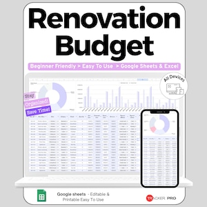Può includere: Un modello digitale di budget per ristrutturazioni visualizzato su uno schermo di laptop e smartphone. L'interfaccia presenta grafici e tabelle di dati con il testo Renovation Budget, Beginner Friendly, Easy To Use, Google Sheets & Excel, Stay Organized, Save Time, All Devices e Tracker Pro.