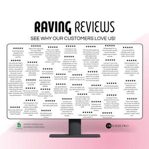 May include: A digital product review graphic with the headline "RAVING REVIEWS." The graphic features customer testimonials with star ratings. The text includes phrases like "Easy to use" and "Highly recommend." The product is from "TRACKER PRO."