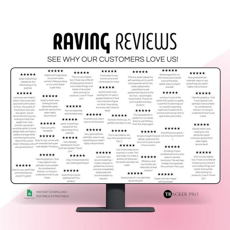 May include: A digital product review graphic with the headline "RAVING REVIEWS." The graphic features customer testimonials with star ratings. The text includes phrases like "Easy to use" and "Highly recommend." The product is from "TRACKER PRO."