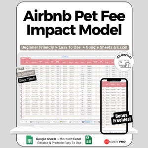 Könnte beinhalten: Ein digitales Produkt-Mockup mit einem Laptop und Smartphone, die eine Tabelle mit dem Titel "Airbnb Pet Fee Impact Model" anzeigen. Der Text betont die Benutzerfreundlichkeit und Kompatibilität mit Google Sheets und Excel. Zusätzlicher Text lautet "Organisiert bleiben!" und "Zeit sparen!"