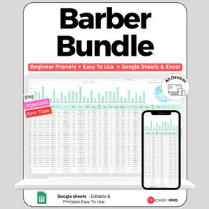 May include: A digital Barber Bundle spreadsheet template for Google Sheets and Excel. The graphic displays a laptop and smartphone screen showing data charts and tables, with text reading Barber Bundle, Beginner Friendly, Stay Organized, and Save Time.