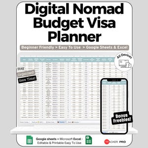 May include: A Digital Nomad Budget Visa Planner spreadsheet displayed on a laptop and smartphone screen. The interface includes columns for data, with text overlays stating Beginner Friendly, Easy To Use, Google Sheets & Excel, and Bonus Freebies.