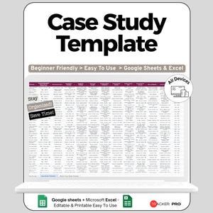 Puede incluir: Una plantilla digital de estudio de caso que se muestra en la pantalla de una computadora portátil. El texto "Case Study Template" está en la parte superior. El texto adicional incluye "Beginner Friendly > Easy To Use > Google Sheets & Excel" y "Stay Organized! Save Time!"