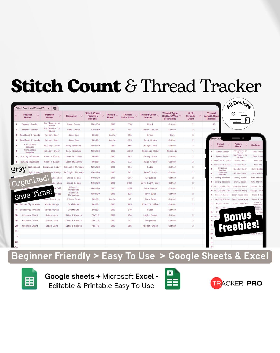 Thread Activity Log Stitch Count and Thread Tracker Google Excel, Cross-stitch Progress Log ...