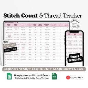 Stitch Count and Thread Tracker Google Excel, Cross-Stitch Progress Log, Embroidery Thread Inventory, Stitching Planner Google Sheets