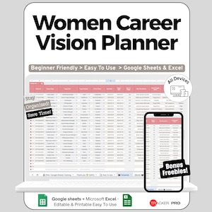 Arkusz kalkulacyjny do planowania kariery kobiet dla Arkuszy Google i programu Excel, mapowanie celów, śledzenie umiejętności i panel rozwoju przywództwa