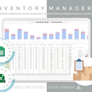 Op de afbeelding: Een computerscherm met een spreadsheet met een grafiek en een tabel. De spreadsheet heeft de titel "Inventory Tracker". De spreadsheet is ontworpen om de voorraad van een bedrijf te beheren. De spreadsheet is compatibel met Google Sheets en Excel. De afbeelding bevat ook een afbeelding van dozen en een klembord met een checklist.