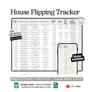 House Flipping Renovation and Profit Tracker Google Sheets Template, Costs, ROI and Real Estate Flip Budget Spreadsheet, Excel Template