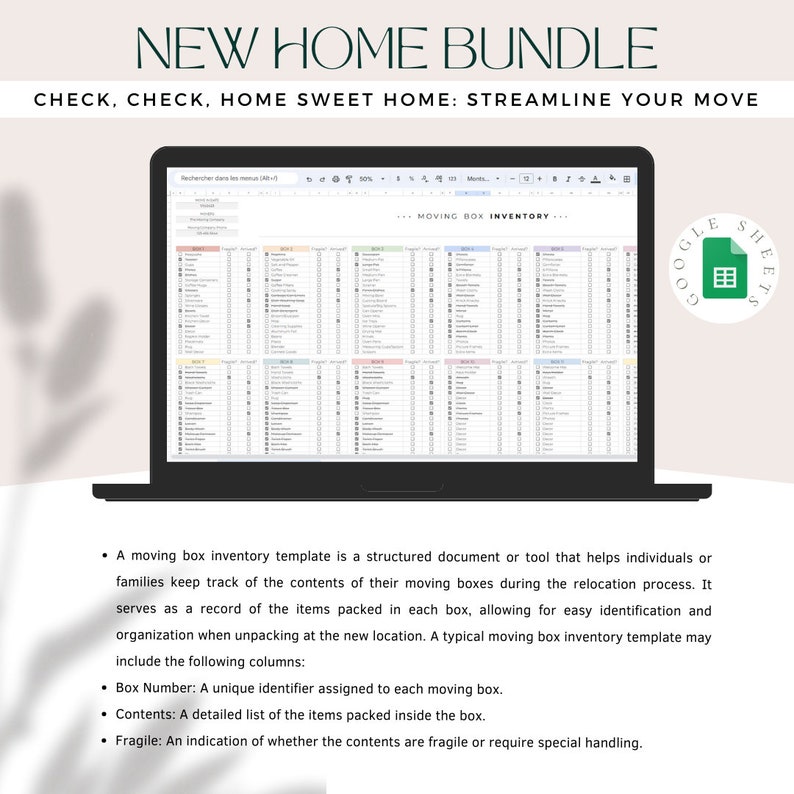 May include: A laptop screen displaying a Google Sheets spreadsheet titled "Moving Box Inventory". The spreadsheet is a template for organizing and tracking items packed in moving boxes. The text "NEW HOME BUNDLE" is displayed above the laptop.