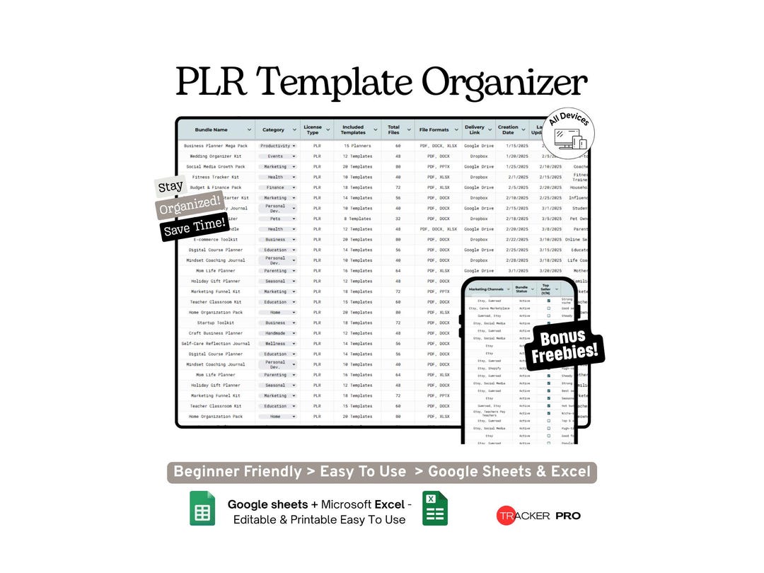 PLR Template Bundle Organizer Google Sheets Template, Digital Products ...