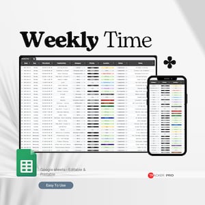 Weekly Time Sheet Google Sheets, Weekly Schedule Template Excel Spreadsheet, Timesheet, Hours Tracking Sheet, Work Task Log, Time Tracker