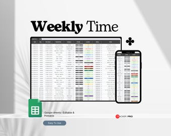Hoja de control de tiempo semanal en Google Sheets, plantilla de horario semanal en Excel, hoja de control de horas, registro de tareas laborales, rastreador de tiempo.