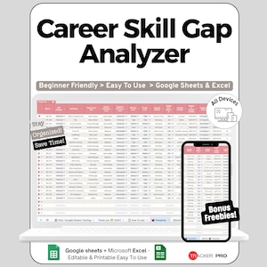 Skill Gap Spreadsheet for Google Sheets and Excel Career Tracking Progress Monitoring and Development Dashboard
