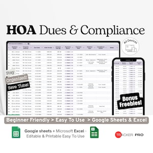 Google Sheets zur Verwaltung von HOA-Beiträgen und -Vorschriften, Gebührenliste für Hausbesitzervereinigungen, Checkliste für HOA-Regeln, Vorlage für die Immobilienverwaltung