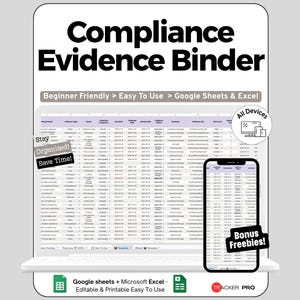 Peut inclure: Un modèle numérique de classeur de preuves de conformité pour Google Sheets et Excel. L'affichage montre une feuille de calcul avec des colonnes pour les exigences et le statut. Le texte inclut 'Stay Organized! Save Time!', 'All Devices' et 'Bonus Freebies!'