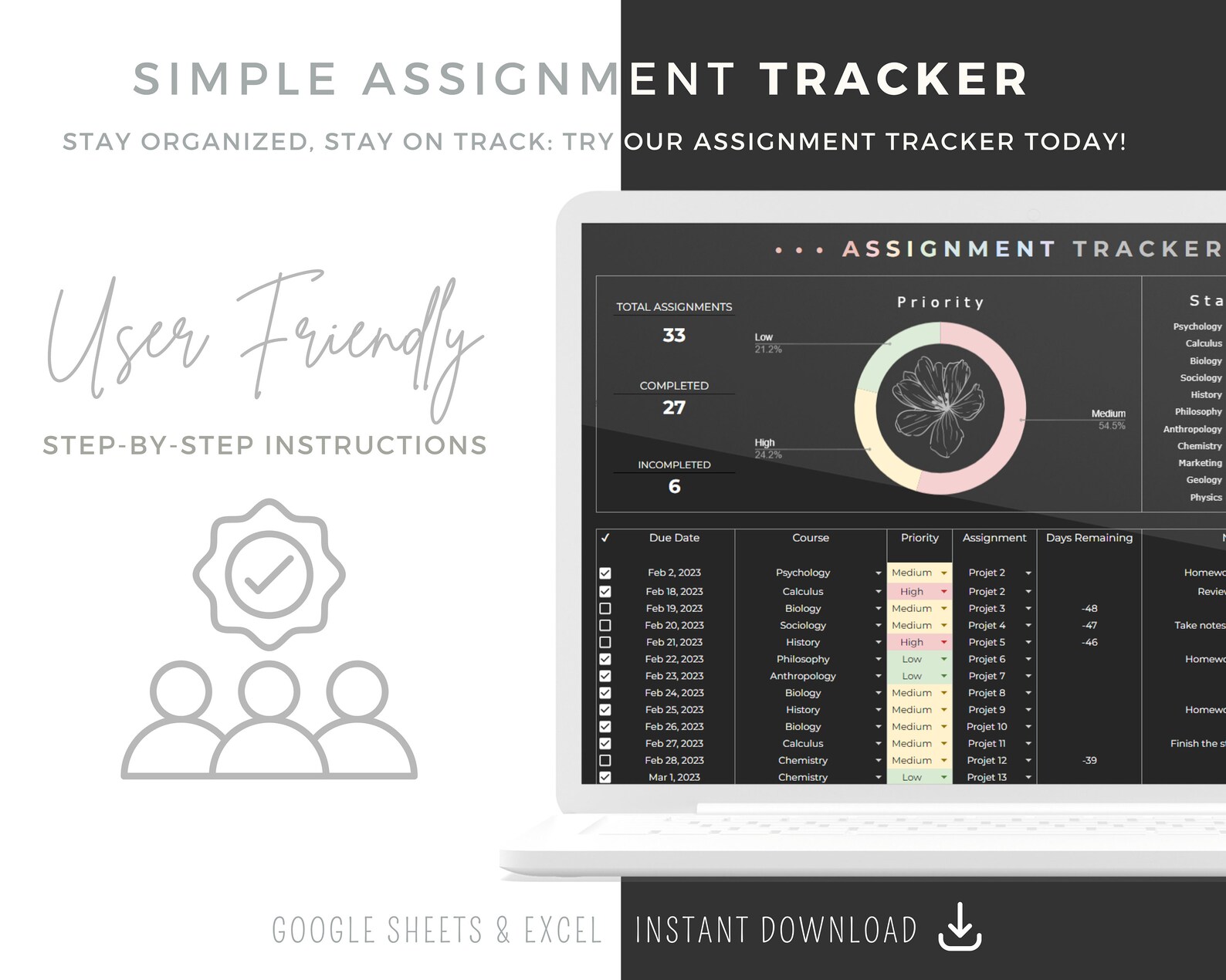 School Planner Spreadsheet Assignment Tracker Google Sheets - Etsy