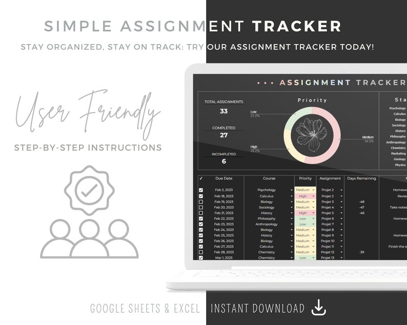 School Planner Spreadsheet Assignment Tracker Google Sheets - Etsy