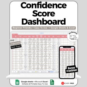 Hoja de cálculo de puntuación de confianza para Google Sheets y Excel, seguimiento de autoevaluación, monitoreo del crecimiento y panel de control para mujeres.