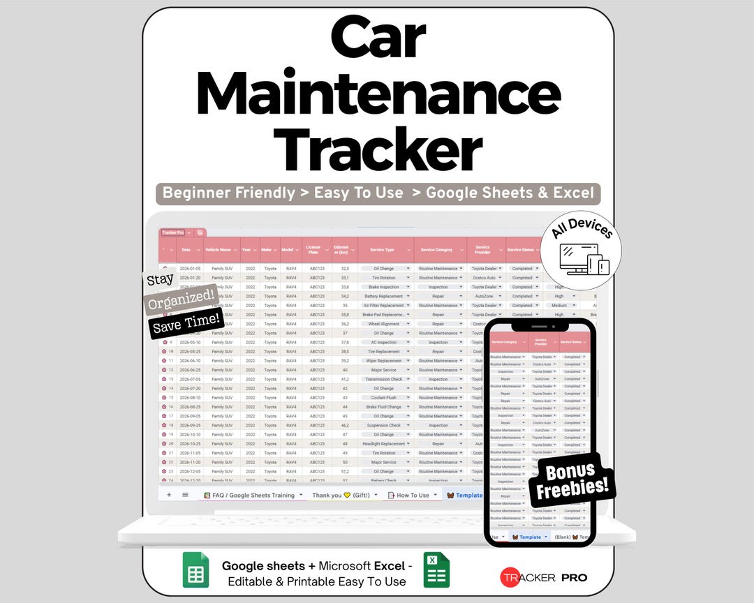 Car Maintenance Spreadsheet for Google Sheets and Excel Service Logging ...