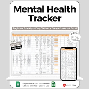 Op de afbeelding: Een digitale mental health tracker weergegeven op een laptop en een smartphone. De tekst luidt "Mental Health Tracker" en "Beginner Friendly > Easy To Use > Google Sheets & Excel." Extra tekst omvat "Stay Organized! Save Time!" en "All Devices."