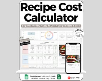 Rezeptkostenrechner für Kochen und Backen, Google Sheets- und Excel-Vorlage, Rezeptpreis, Gewinnrechner, Lebensmittelkosten, Lebensmittelpreise