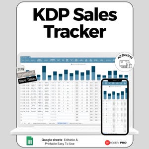 Może przedstawiać: Cyfrowy KDP Sales Tracker wyświetlany na laptopie i smartfonie. Ekran laptopa pokazuje szczegółowy arkusz kalkulacyjny z niebiesko-szarymi wizualizacjami danych. Tekst "KDP Sales Tracker" znajduje się na górze. Dodatkowy tekst to "Stay Organized! Save Time!"