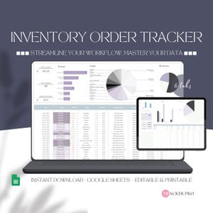 Op de afbeelding: Een computerscherm dat een Google Sheets-spreadsheet weergeeft met de titel "Inventory Order Tracker". De spreadsheet heeft zes tabbladen, waaronder "States", "Items" en "Priority". De spreadsheet is ontworpen om bedrijven te helpen hun voorraad en bestellingen bij te houden. De tekst "STREAMLINE YOUR WORKFLOW. MASTER YOUR DATA" wordt boven de spreadsheet weergegeven. De tekst "INSTANT DOWNLOAD - GOOGLE SHEETS - EDITABLE & PRINTABLE" wordt onder de spreadsheet weergegeven. De tekst "TRACKER PRO" wordt weergegeven in een roze cirkel in de rechterbenedenhoek van de afbeelding.