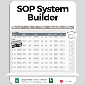 Peut inclure: Capture d'écran d'un système de création de SOP affiché sur un ordinateur portable. L'interface présente une feuille de calcul avec plusieurs colonnes et lignes. Le texte comprend "Beginner Friendly > Easy To Use > Google Sheets & Excel" et "Stay Organized! Save Time!"
