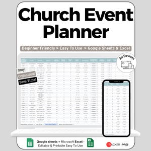 May include: A digital Church Event Planner displayed on a laptop and smartphone. The planner is designed for Google Sheets and Excel, and is beginner-friendly. Text includes "Stay Organized! Save Time!" and "All Devices."