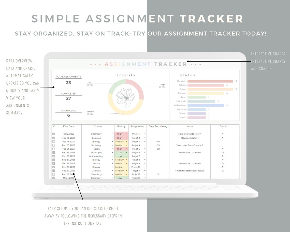 Assignment Tracker Google Sheets and Excel Spreadsheet Template ...