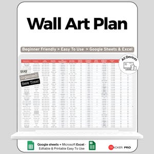 Peut inclure: Un plan d'art mural numérique affiché sur un écran d'ordinateur portable. Le titre "Wall Art Plan" est en haut. Le plan est facile à utiliser avec Google Sheets & Excel. Le plan est modifiable et imprimable, et fonctionne sur tous les appareils.