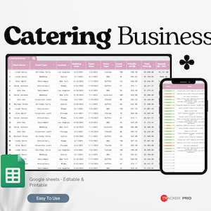 Op de afbeelding: Een tablet en smartphone met een spreadsheet voor een cateringbedrijf. De afbeelding toont bovenaan de tekst "Catering Business". De afbeelding bevat ook de tekst "Google sheets - Editable & Printable" en "Easy To Use".