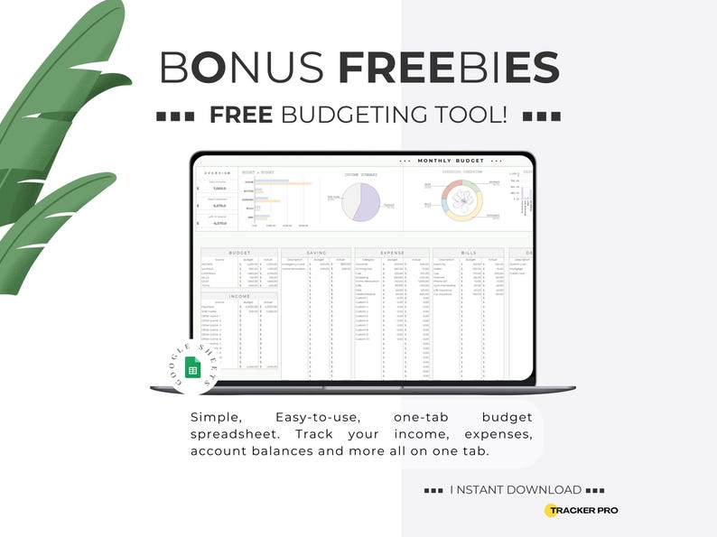 May include: A digital mockup of a budgeting spreadsheet on a laptop screen. The image includes the text "BONUS FREEBIES" and "FREE BUDGETING TOOL!" along with descriptive text about the spreadsheet's features. Green leaves are in the upper left corner.