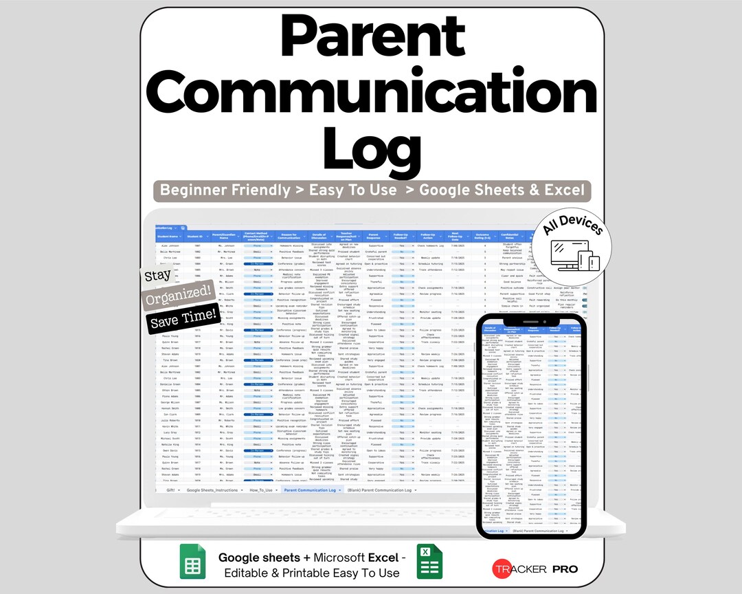 Parent Communication Practice Log Google Sheets, Track Parent Notes ...