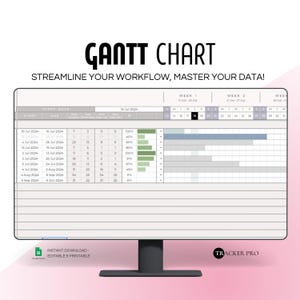 Peut inclure: Un diagramme de Gantt affiché sur un écran d'ordinateur. Le graphique est intitulé "GANTT CHART" et comprend le texte "STREAMLINE YOUR WORKFLOW, MASTER YOUR DATA!". Le graphique montre des dates, des tâches et des barres de progression. L'écran est noir.