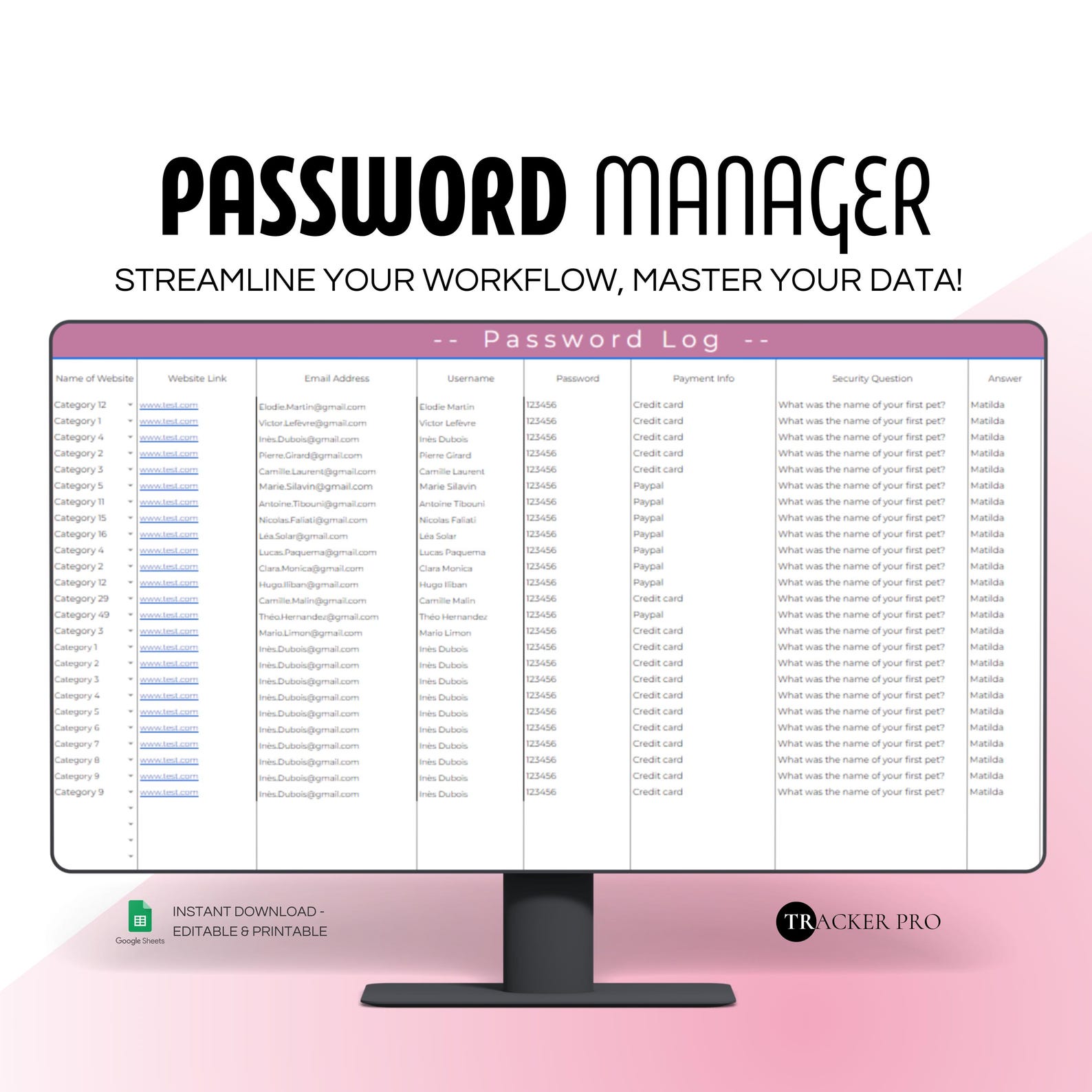 Password Tracker for Google Sheets | Password Organizer Spreadsheet ...
