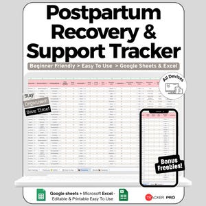 Peut inclure: Un tableur numérique de suivi de récupération post-partum affiché sur un écran d'ordinateur portable et de smartphone. L'interface comprend des colonnes pour le suivi des données de santé, avec des étiquettes comme Google Sheets & Excel.