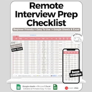 Remote Interview Spreadsheet for Google Sheets and Excel Checklist Tracking Confidence Monitoring and Career Dashboard