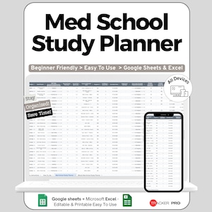 Medical School Study and Exam Prep Planner Google Sheets, Track Exams, Assignments, Study Hours, Deadlines, Medical Student Planner