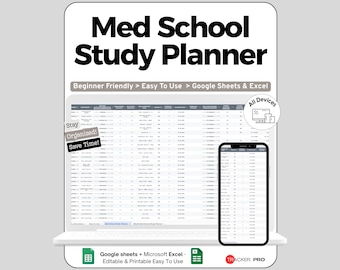 Medical School Study and Exam Prep Planner Google Sheets, Track Exams, Assignments, Study Hours, Deadlines, Medical Student Planner