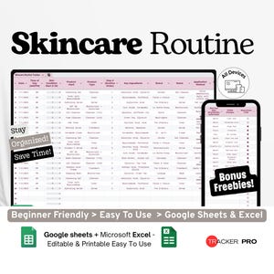 Hudvårdsrutinspårare Google Excel, daglig skönhetslogg, FM/EM-rutinjournal, produktanvändningsblad, hudhälsospårare Google Sheets