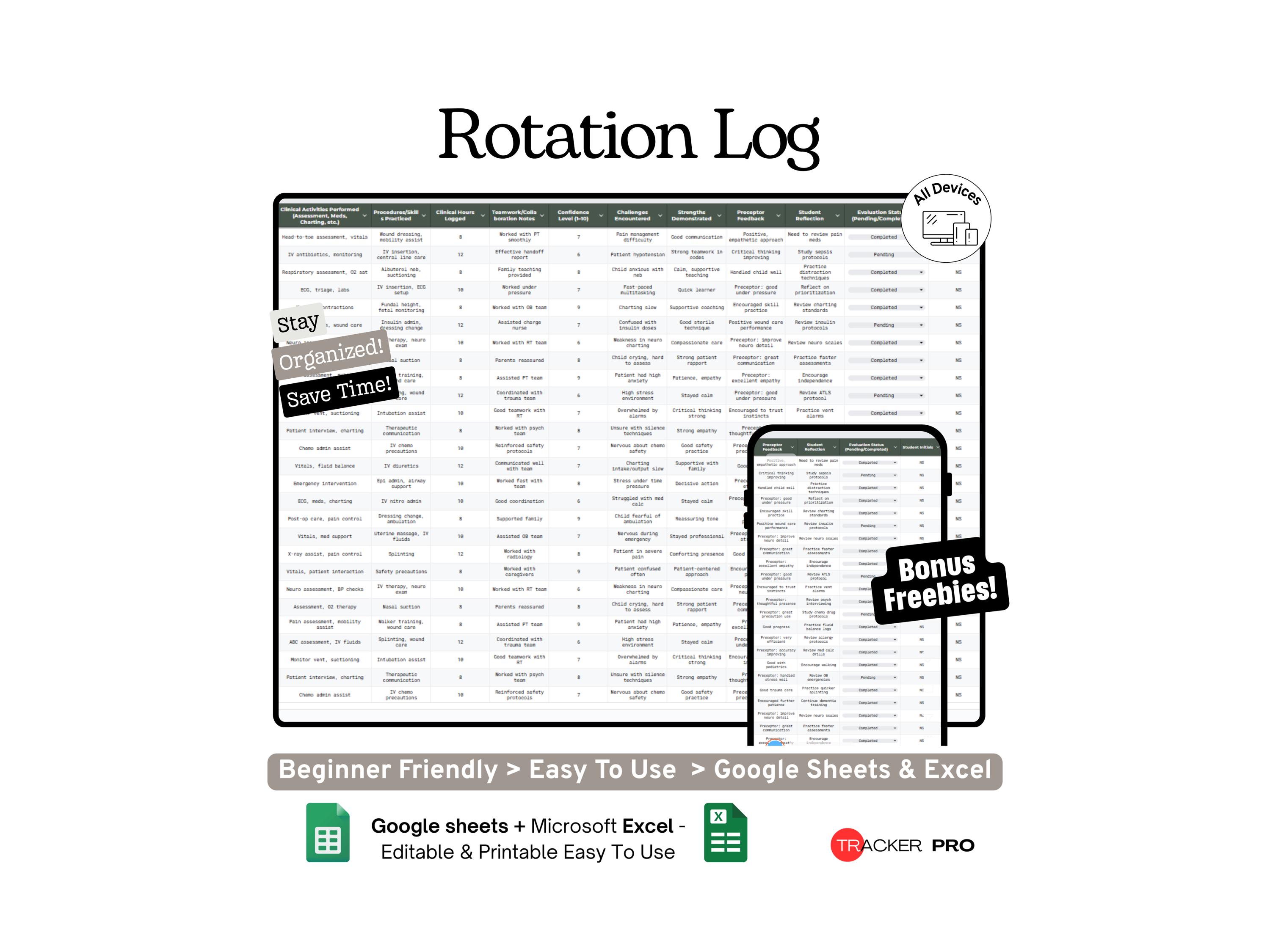 Clinical Rotation Log and Evaluation Excel Google Sheets, Track ...