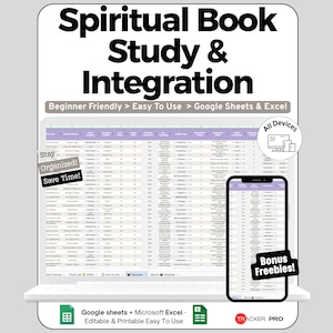 Peut inclure: Un modèle numérique de suivi d'étude et d'intégration de livres spirituels pour Google Sheets et Excel. L'affichage présente une interface de feuille de calcul sur un écran d'ordinateur portable et de smartphone avec des étiquettes Beginner Friendly, Stay Organized et Bonus Freebies.