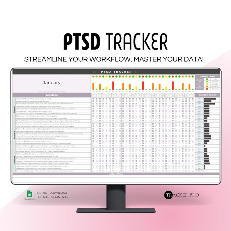 PTSD Worksheet, PTSD Tracker Google Sheet, Monthly PTSD Symptom Tracker ...