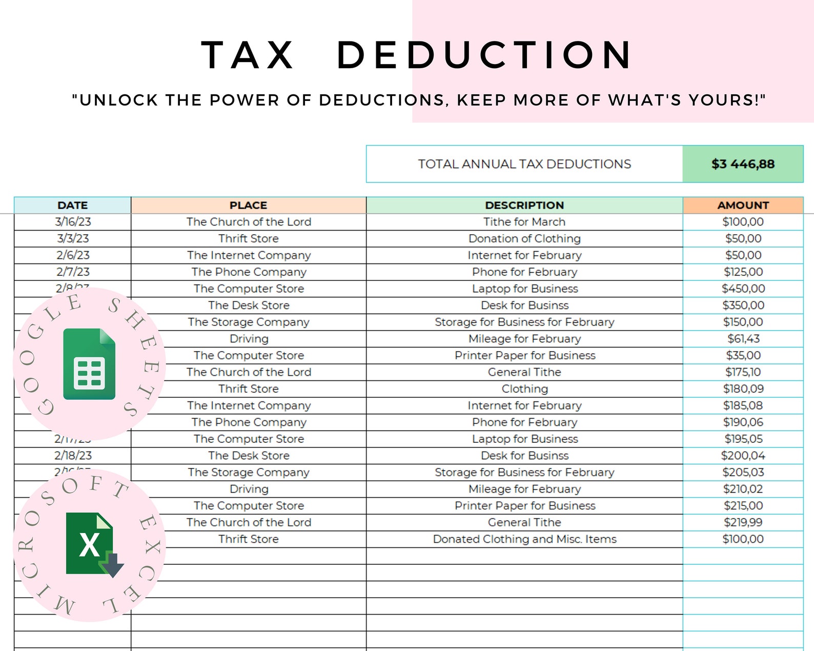 Tax Deduction Tracker Excel Spreadsheet Editable Tax Deductions List